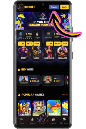The casino's main page and registration button
